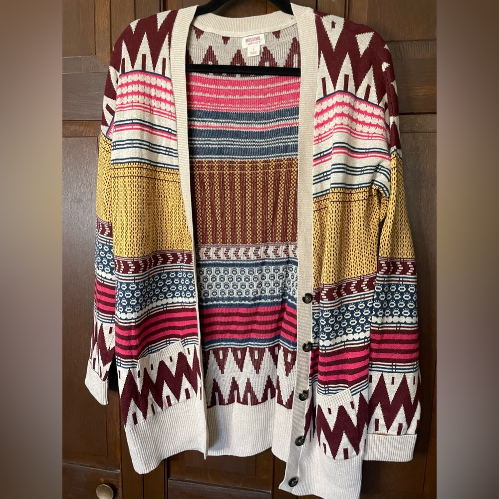 Mossimo, Aztec/Tribal, Blue, Mustard, Pink, Maroon Cardigan with Pockets, size L